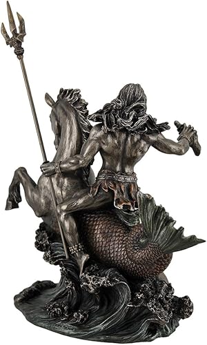 Miniatura 4 de Zeckos Poseidón griego Dios del mar sosteniendo Tridente en hipocampo Estatua de mesa de metal marrón oscuro/negro