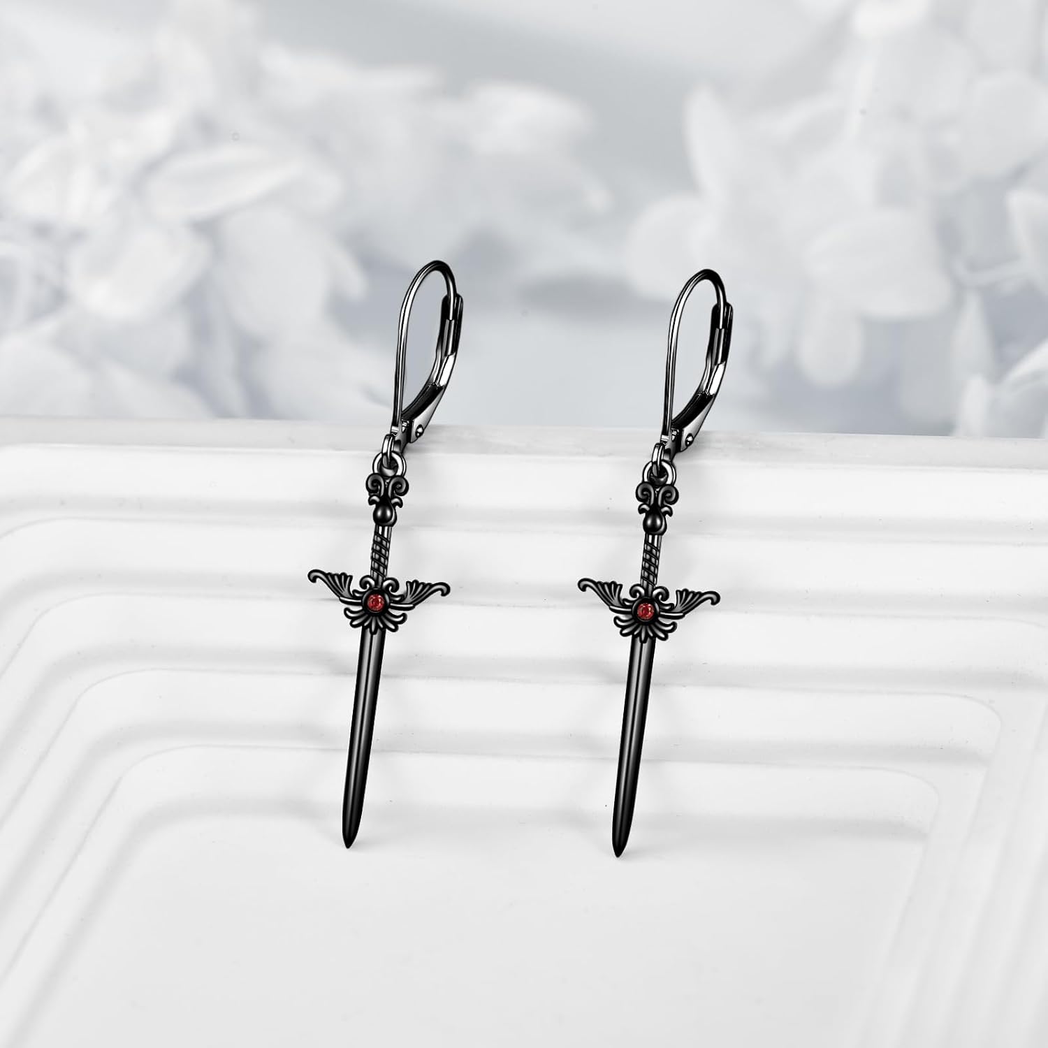Gothic Earrings 925 Sterling Silver Black Witches Heart/Sword Dangle Dangly Drop Leverback Earrings Goth Jewelry Gifts for Women