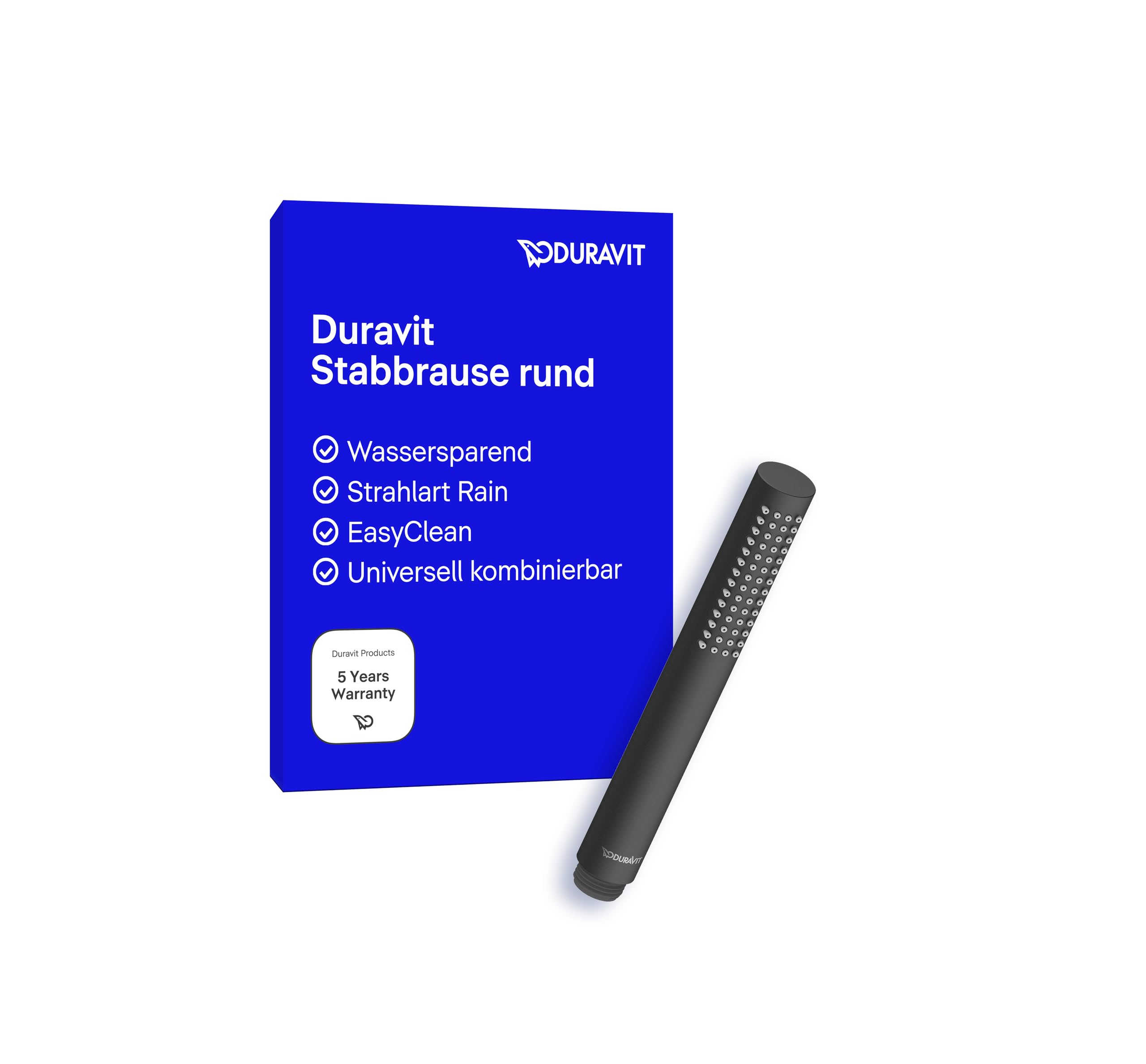 Duravit wassersparende Stabbrause, Duschkopf mit Strahlart Rain, Duschbrause rund, Handbrause mit wassersparender MinusFlow-Funktion, reinigungsfreundlich, Schwarz Matt