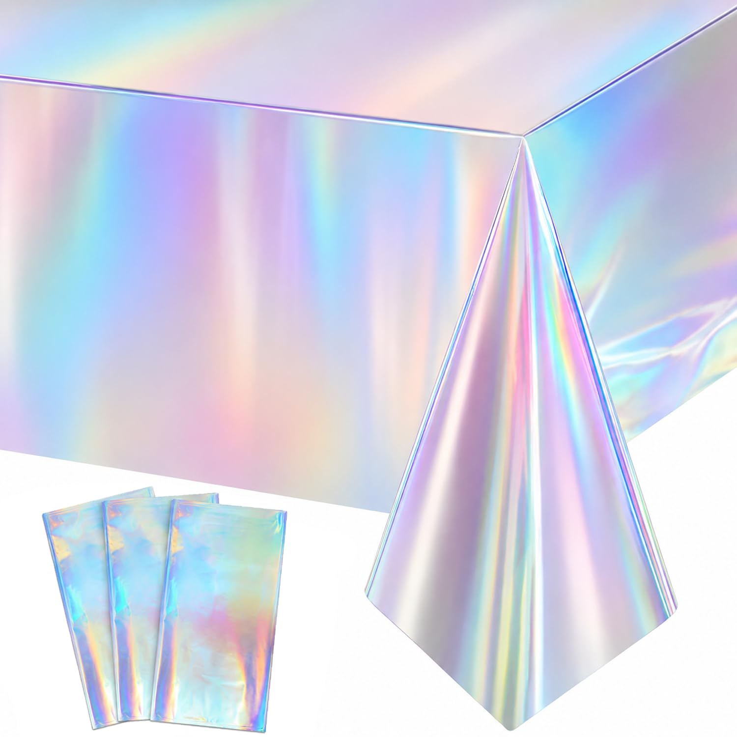 Photo 1 of NKPDAXM 3 Pack Iridescent Tablecloths, Shiny Disposable Foil Plastic Holographic Table Covers for Rainbow Disco Bachelorette Bridal Wedding Party Decorations, 54" x 108"