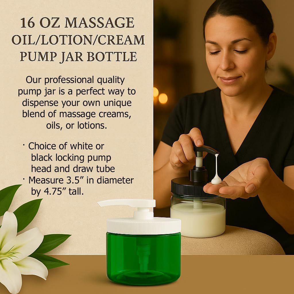 Royal Massage 16oz Refillable Pump Jar with Locking Dip Tube Dispenser – BPA-Free Plastic Container for Massage Oils, Lotions, Creams – Ribbed Lid Wide-Mouth Jar – Durable & Reusable (12, Black/White)