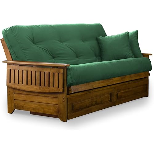 Nirvana Futons Brentwood Tray Arm Futon Frame, Drawers, and Hunter Green Mattress Set - Queen, Rich Heritage Finish