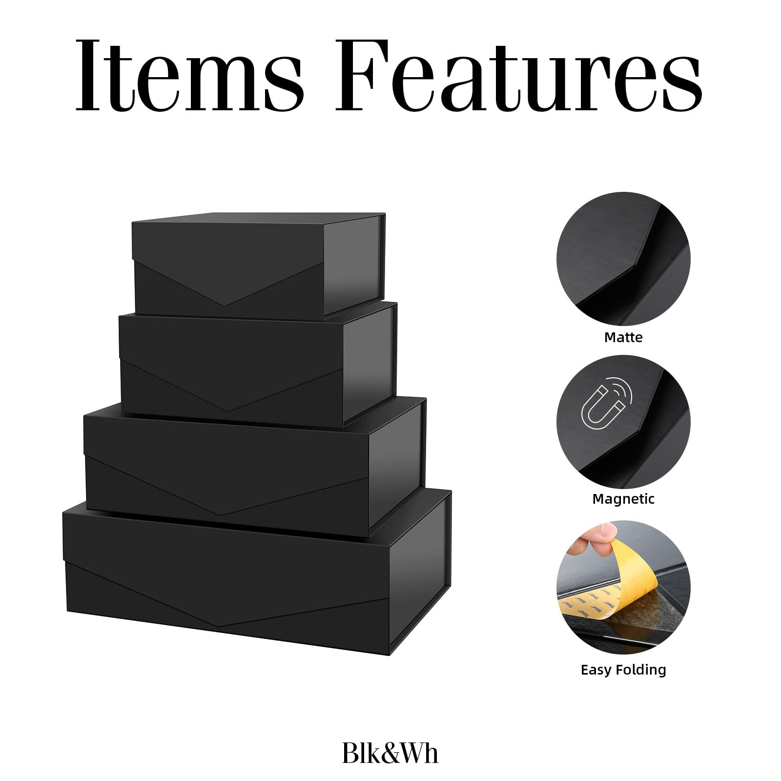 BLK&WH Lot de 4 boîtes cadeaux magnétiques avec couvercles - Tailles assorties - Pour anniversaire, mariage, Saint-Valentin, Noël, fête, fête prénatale (noir mat)