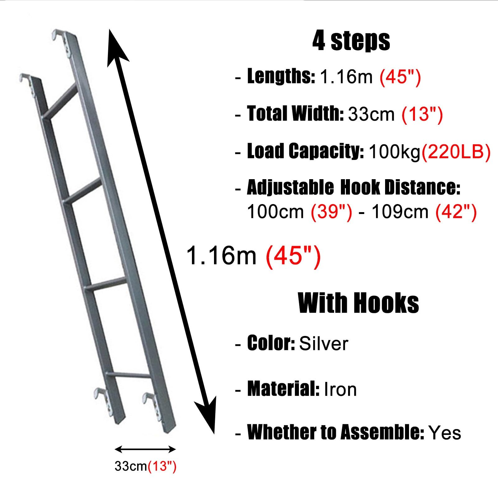 MPOWRX Échelle Lit Superposé Universelle Chambre à Coucher Loft, Escabeau Domestique Léger, Capacité Charge 220 LB, Échelle Superposée Suspendue Camping-Car Camping-Car (Color : Silver, Size : 116cm)