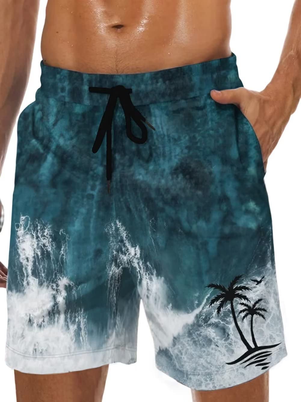 Men's Swim Trunks Hawaiian Bathing Mesh Lining Suit Swimsuits Beach Shorts with Pockets, Green White-sea Wave, 3XL