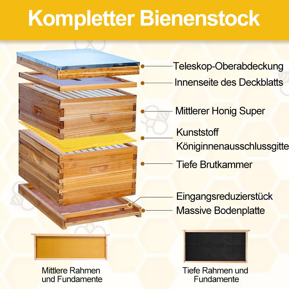 Bienenstock-Starterset,10 Rahmen Bienenstock Bienenwachs Beschichtet BienenstöCke FüR Alle Imkerei Ebenen Komplette Bienenstock Kit EnthäLt 1 Tief Boxen 1 Medium Box Frames Und Stiftung BläTter
