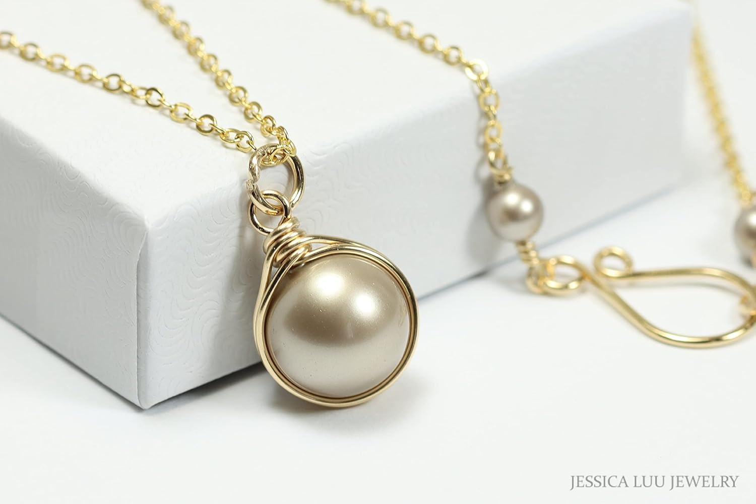 Jessica Luu Jewelry Gold Champagne Pearl Earrings Wire Wrapped Handmade