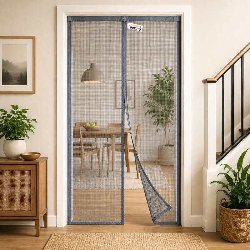 Image of Royalkart 90x210cm Grey | Magnetic Mosquito Net for Door | Fiberglass Screen Curtain with 34 Magnets | Auto-Closing Mesh to Keep Mosquitoes Out