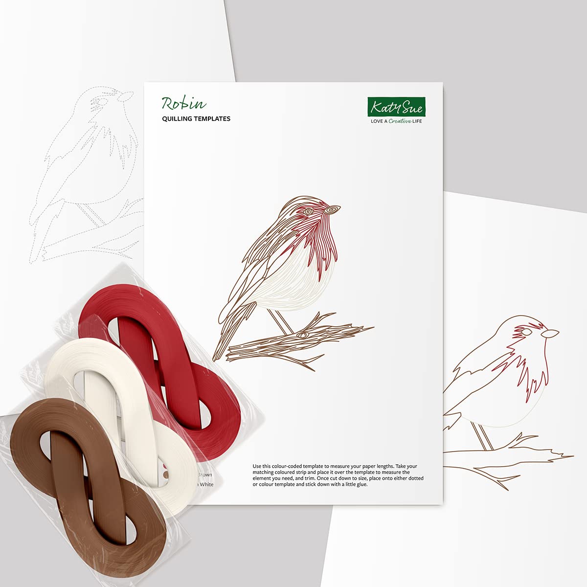 Katy Sue Mixed 'Robin' Paper Quilling Kit - Containing Robin Templates, Measuring Guide & Coloured Quilling Strips
