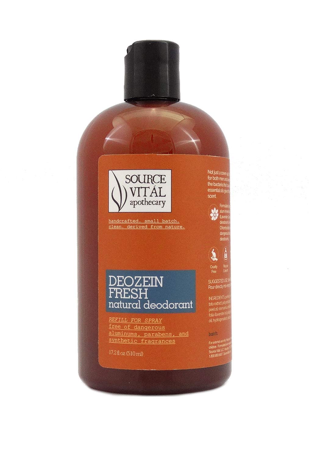 Deozein Refill Bottle for Natural Spray Deodorant by Source Vital Apothecary | Fresh Scent | Free of Parabens and Baking Soda, Odor Control for both Men, Women, and Teens | Safe Hygiene | (17.2 fl. oz. Refill Fresh Spray)