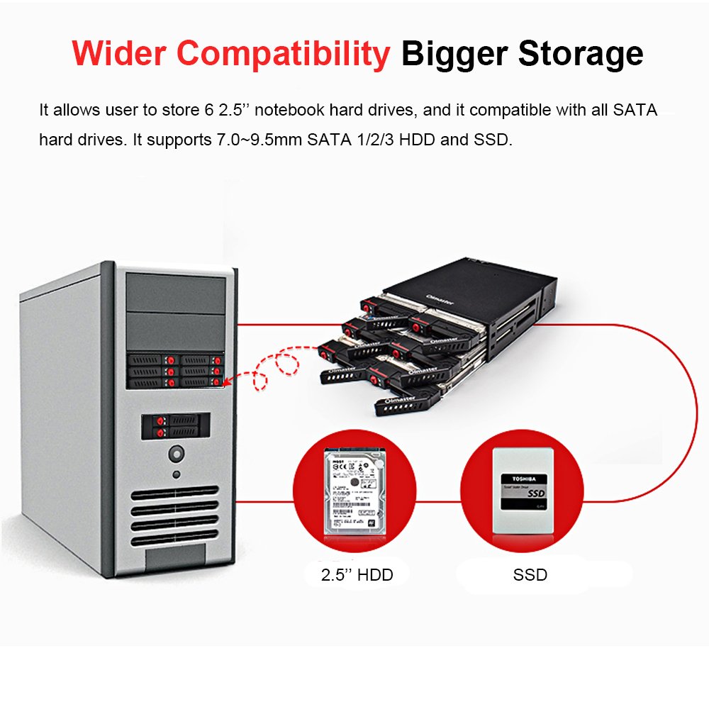 Brrnoo Backplane Mobile a 6 Alloggiamenti Rack Hot Swap per Dischi Rigidi HDD SSD da 2,5 Pollici con Ventola di Raffreddamento Blocco Tasti Trasmissione a 6 Gbps per Appassionati di
