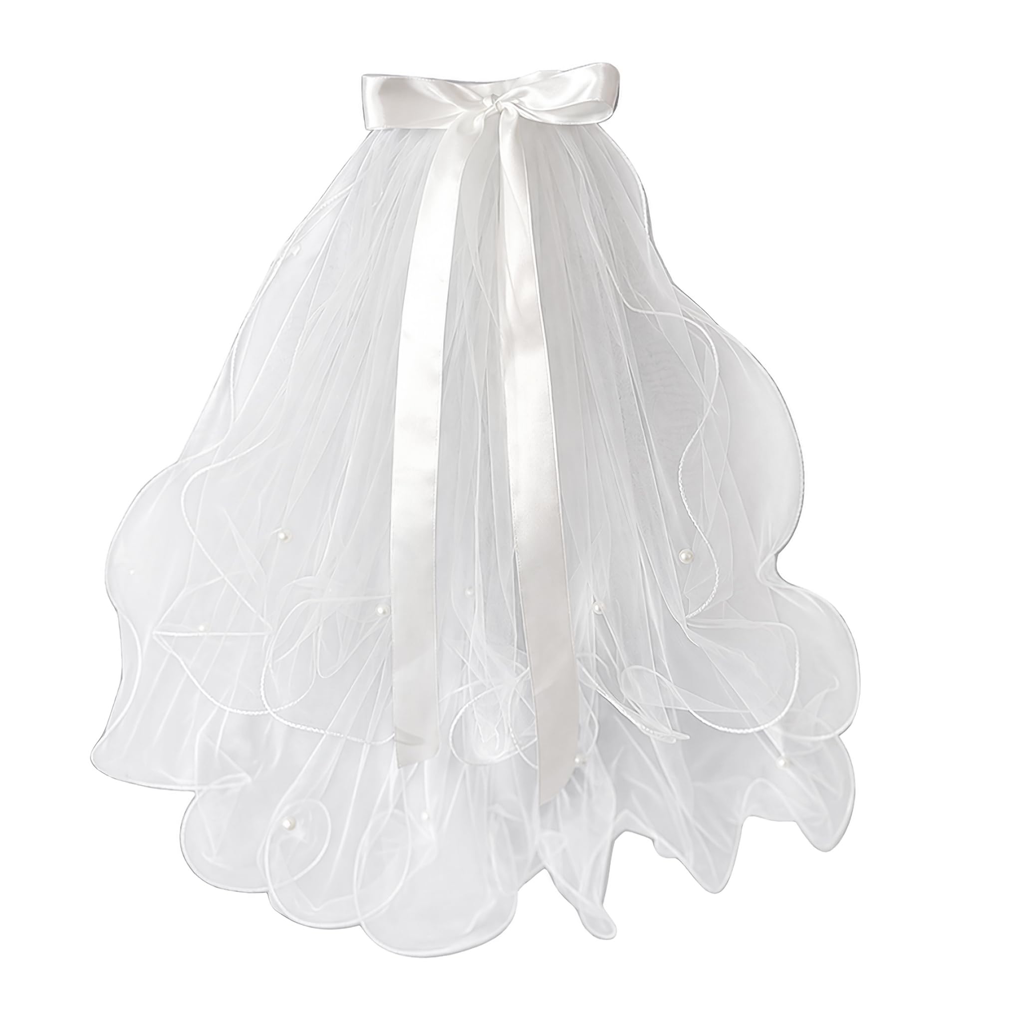 标题：Bridal Veil, 55cm Hen Party Veil, Double-Folded Edge Bride Veils, Retro Elegant Bride to Be Veils, for Bachelorette Party Bridal Shower Hen Night Bridesmaid Supplies(White,Bow & Pearls)