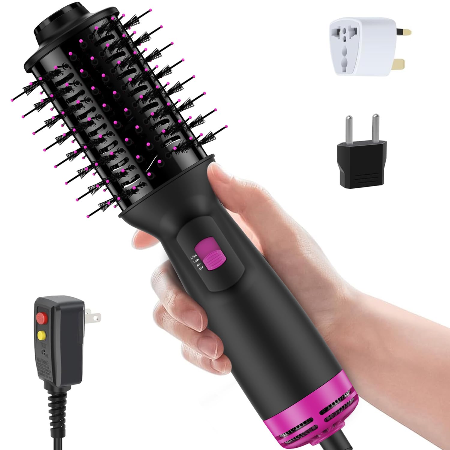 Dual Voltage Mini Hair Dryer Brush with UK/EU Plug, Blow Dryer Brushes 120V - 240V for European Travel, One Step Hair Dryer and Styler Volumizer with Negative Ion Anti-frizz Styling Brush Black Pink.