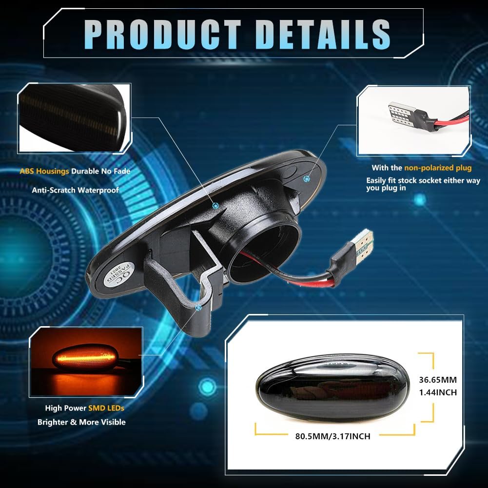 Sequential Front LED Side Marker Lights for 1998-2006 Mitsu'bishi Lancer EVO Evolution 5 6 7 8 9, Lancer Smoked Lens Side Bumper Marker Lights, EVO Evolution Amber LED Turn Signal Lamps, 2 PCS