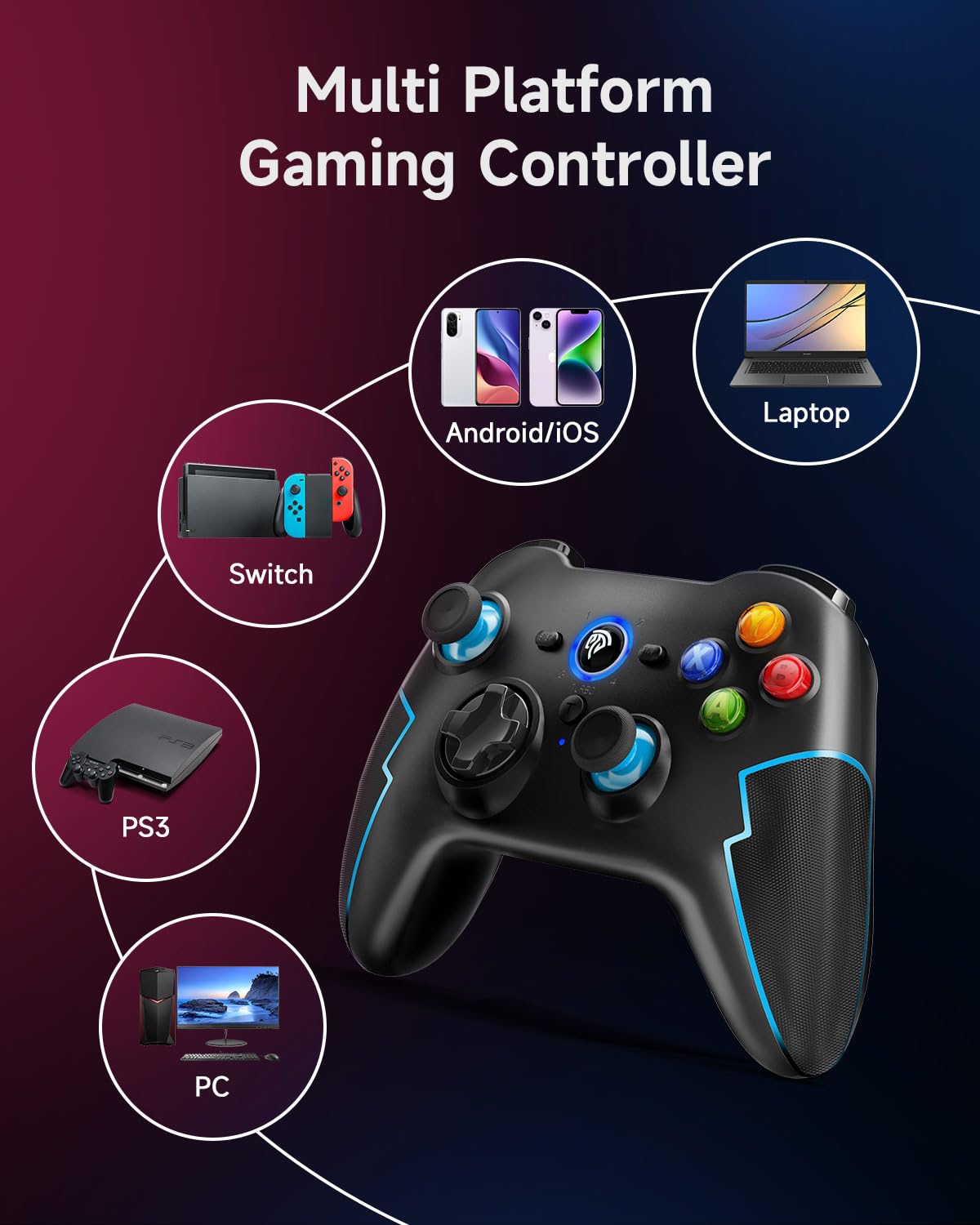 EasySMX 2.4G/Bluetooth Mando PC Inalambrico con Hall Trigger - Turbo - Vibración - Batería Incorporada - para PC/PS3/Switch/Android TV Box/Móvil/Tableta/Portátil - Negro con Azul