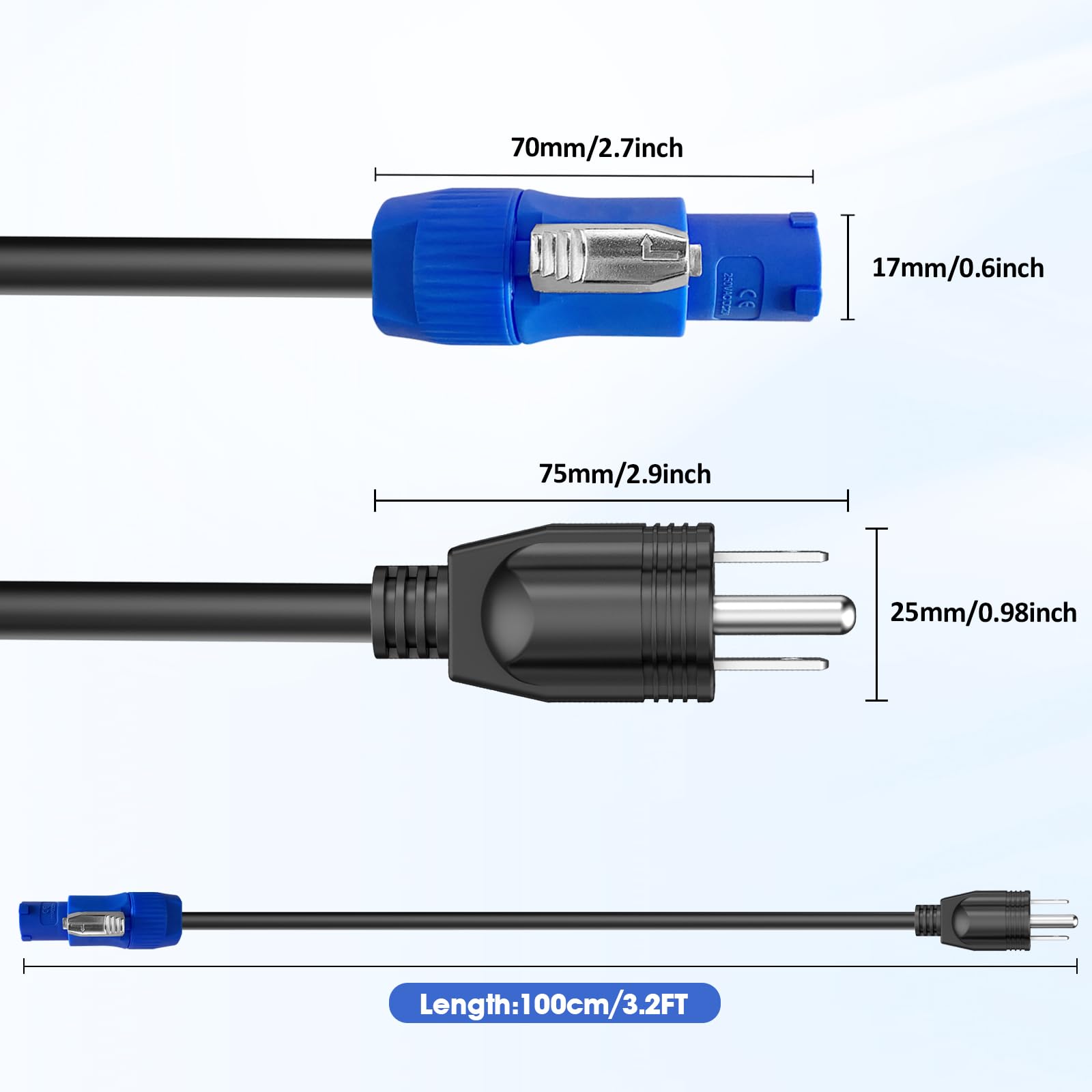 3-bolcowy kabel zasilający NEMA 5-15P do PowerCON AC 20 A 3-pinowe złącze męskie wejście PowerCon do NEMA 5-15P męski przedłużacz przewód zasilający 16AWG do zewnętrznego oświetlenia scenicznego