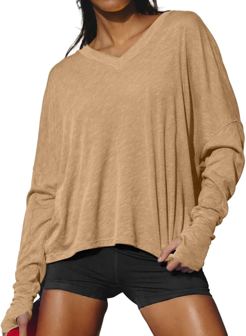 Nfsion Long Sleeve Workout Shirts Yoga Cropped Tops V-Neck Athletic Running Sports T Shirts for Women with Thumb Holes