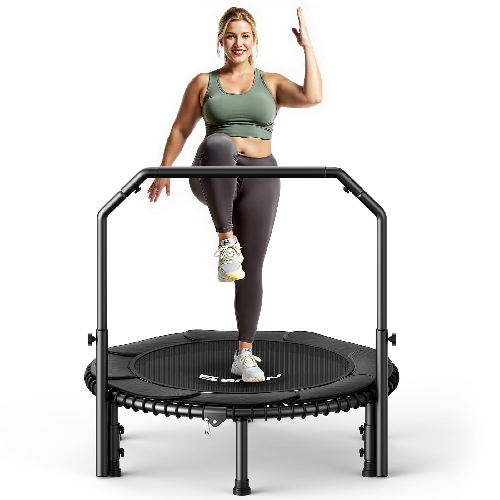 'BCAN 450/550 LBS Foldable Mini Trampoline, 40''/48'' Fitness Trampoline with Bungees, U Shape Adjustable Foam Handle, Stable & Quiet Exercise Rebounder for Adults Indoor/Outdoor Workout'
