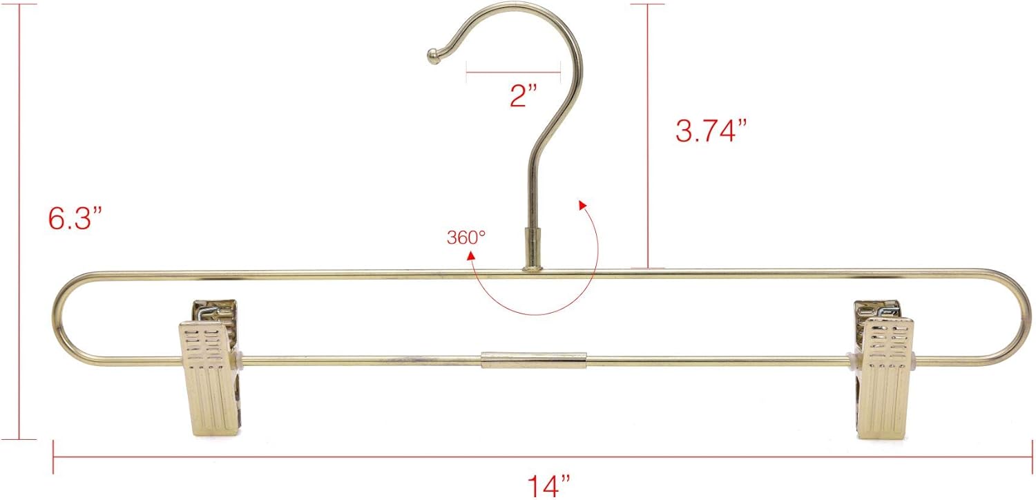 Quality Hangers 10-Pack Pant & Skirt Hanger Set - Gold With Clips - 360-Degree Metal Swivel Hook for Clothes - Anti-Rust Jean Slack & Trouser Hangers