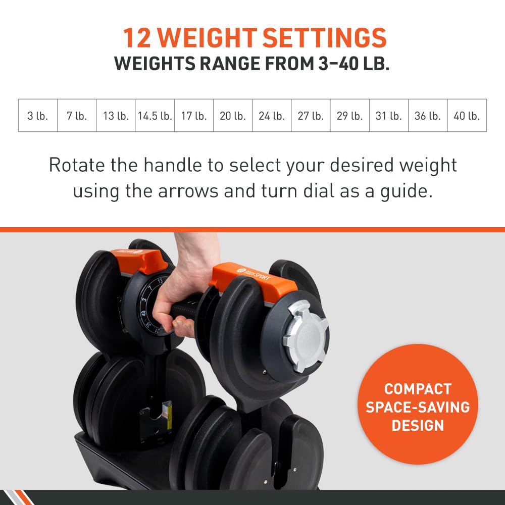 BodySport Adjustable Dumbbell, Pair- Includes 12 Free Weights, Ranging from 3 to 40 lb., Ideal for Home Gym Workouts and Weight Training