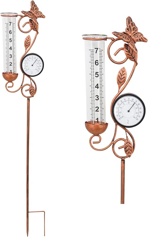 Rain Gauge Outdoor with Thermometer, Butterfly Metal Garden Stake | Bronze 37.4" Large 7 Inch Capacity Detachable Glass Tube, Weatherproof Yard Art Decor, Perfect Gardening Gifts for Women Mom