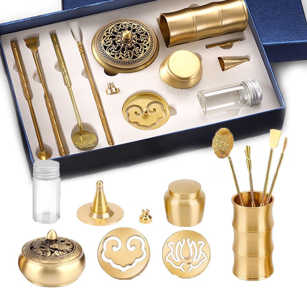 Hehexiqh Agarwood Incense Burner Kit, Brass Incense Making Kit Incense Mold Tool Set, Incense Cone Molds, Including Spoon, Press, Shovel, Brush, Meditation Incense Burner For Home Fragrance(12 Pcs)