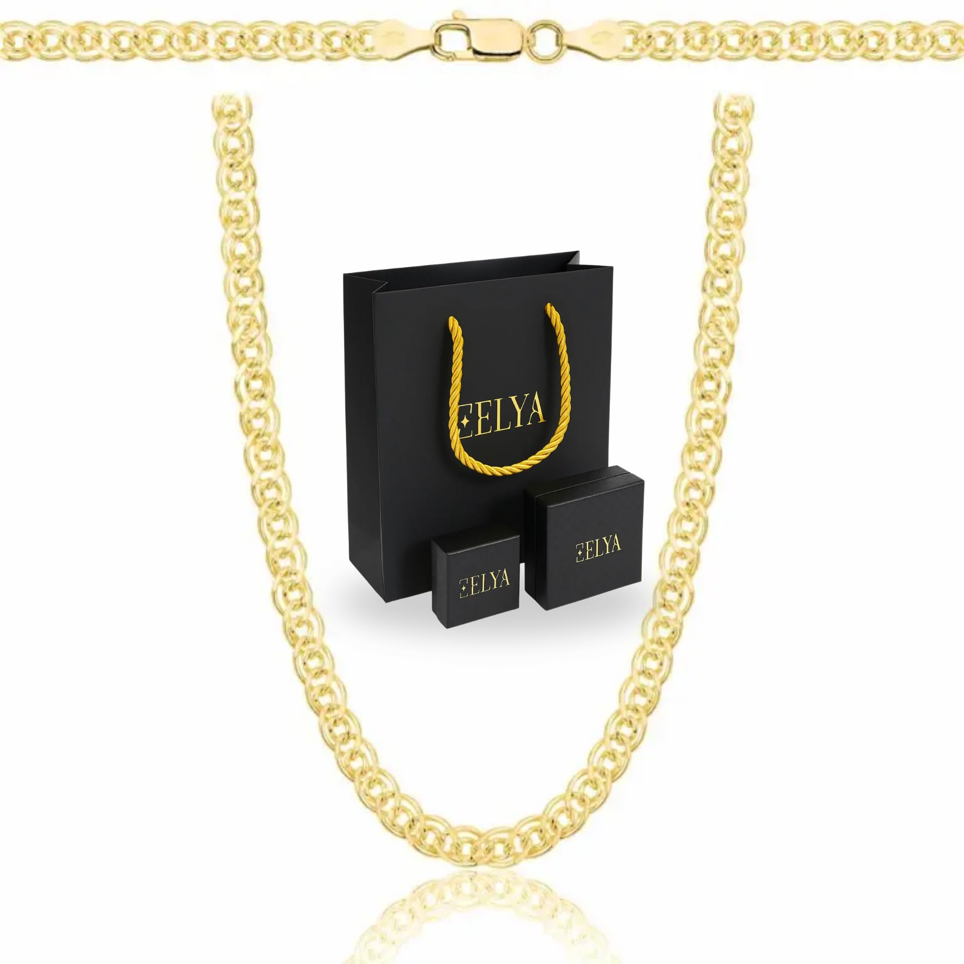 Zelya Cadena de oro para hombre, doble tejido ornamental, plata 925/585 chapada en oro, cadena de oro de 0,38 mm de ancho, cadena de eslabones unisex para mujer y hombre, caja de regalo