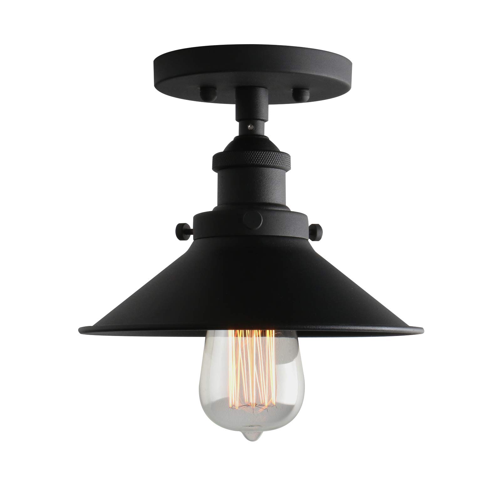 Phansthy Industrial Semi Flush Mount Ceiling Light, 1-Light Pendant Light with 8.1" Metal Shade, Vintage Hanging Lamp for Bedroom Kitchen Living Room Dining Room (Cone Metal Shade -Black)
