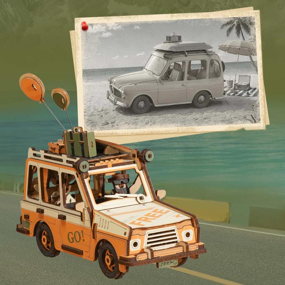 ROKR Puzzle 3D samochód retro zbudowany drewniany model, huśtawki grawitacyjne dekoracja biurka, prezenty dla dzieci i dorosłych, Road Tripper, MCD03
