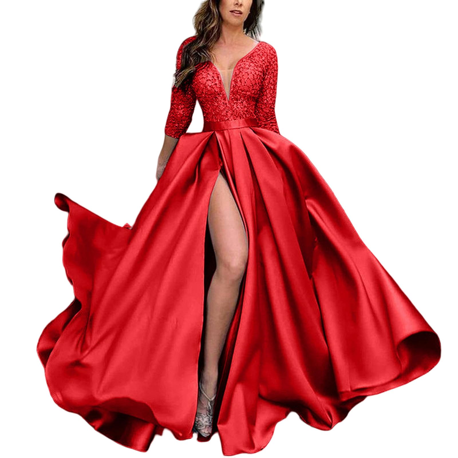 MdybF Letnie Sukienki Damskie Eleganckie Długie Suknie Ślubne Imprezowe Lady Satin V-ECK Długa Spódnica Tail