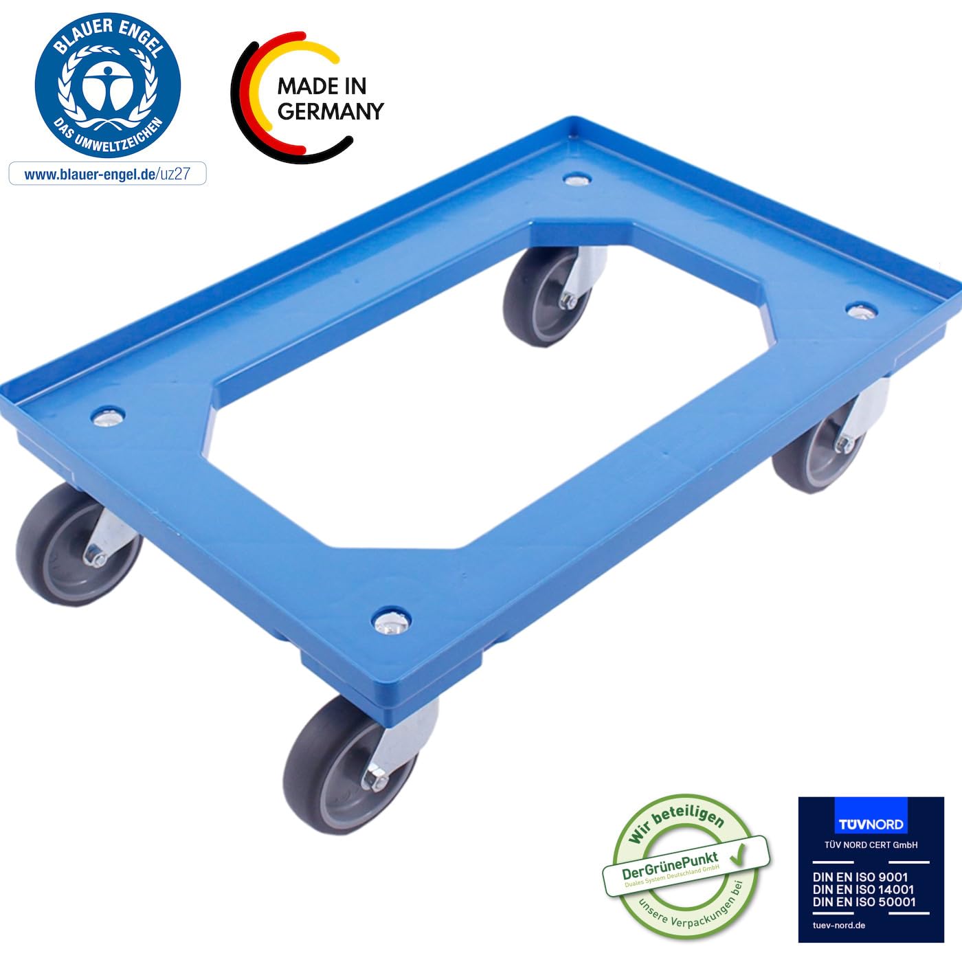 Wózek transportowy 60 x 40 cm, wózek do skrzynek składanych, skrzynek, euroboksów, Made in Germany, TÜV, 4 kółka skrętne, maks. 300 kg, niebieski