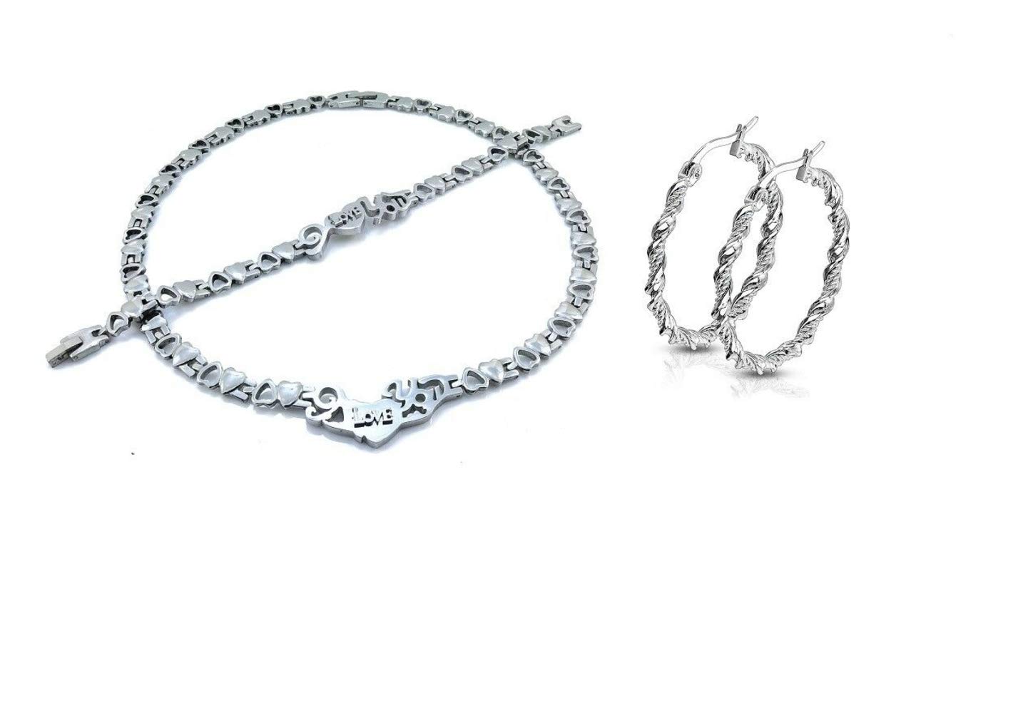 SPARKLE XOXO New Silver Hugs and Kisses I Love You Necklace Bracelet Earring Set 18 inches Stainless Steel Stampato Set X and O with 38mm Twisty Hoops