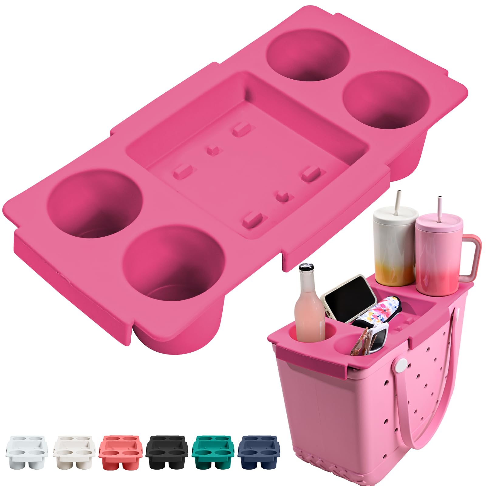Tote Topper Tray Accessories for Bogg Bag Large Only - Waterproof EVA Removable Table Top Organizer Lid with Cup Holder, Divider, Snack, Phone & Drink Holders for Beach, Pool (Pink)