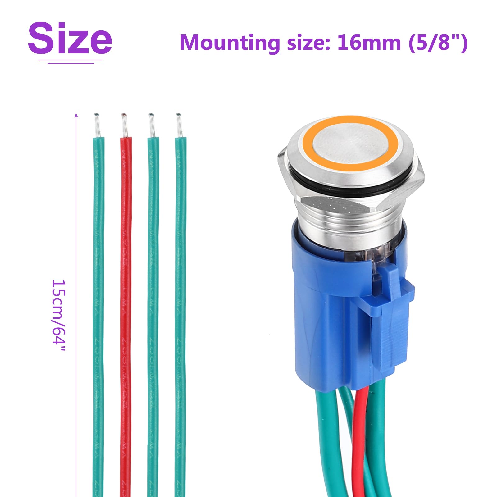 DMiotech 1 Pcs 16mm / 5/8" Stainless Steel Latching Push Button Switch 1NO 10A 12-24V Silver Button Orange Ring Lamp with Socket Plug with Wire for Car Boat Systems Custom Setups - Image 4