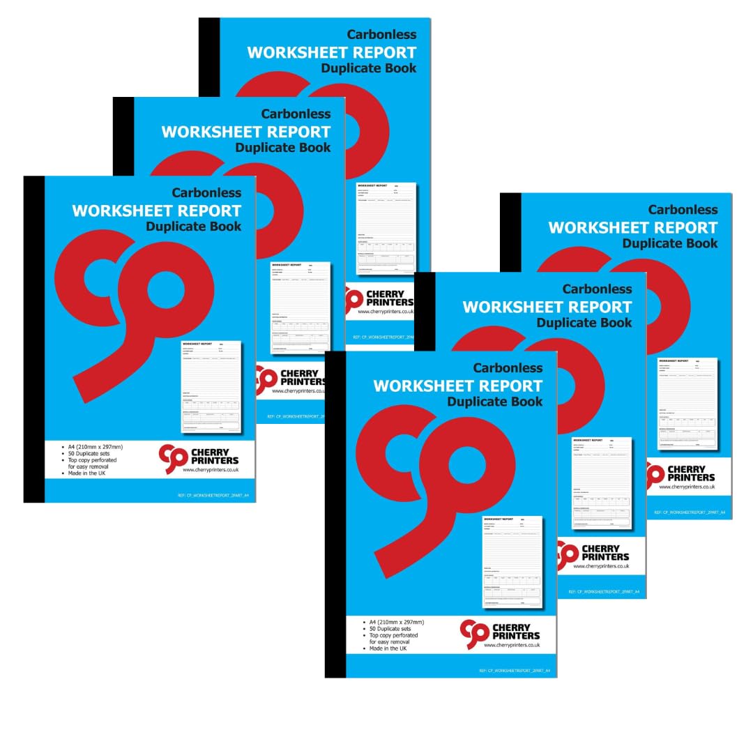 Cherry Printers | Worksheet Report 2pt A4 | Duplicate Job Sheet Book | 50 Numbered Sets | Contractor Job Sheets | Service Engineer Worksheet Pad | Perforated Work Order Book UK | **6 Pack**