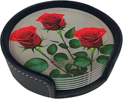 Red Rose Flowers 1 Leather Coasters for Drinks Set of 6 for Tabletop Protection, Elegant Home Decor & Housewarming Gift