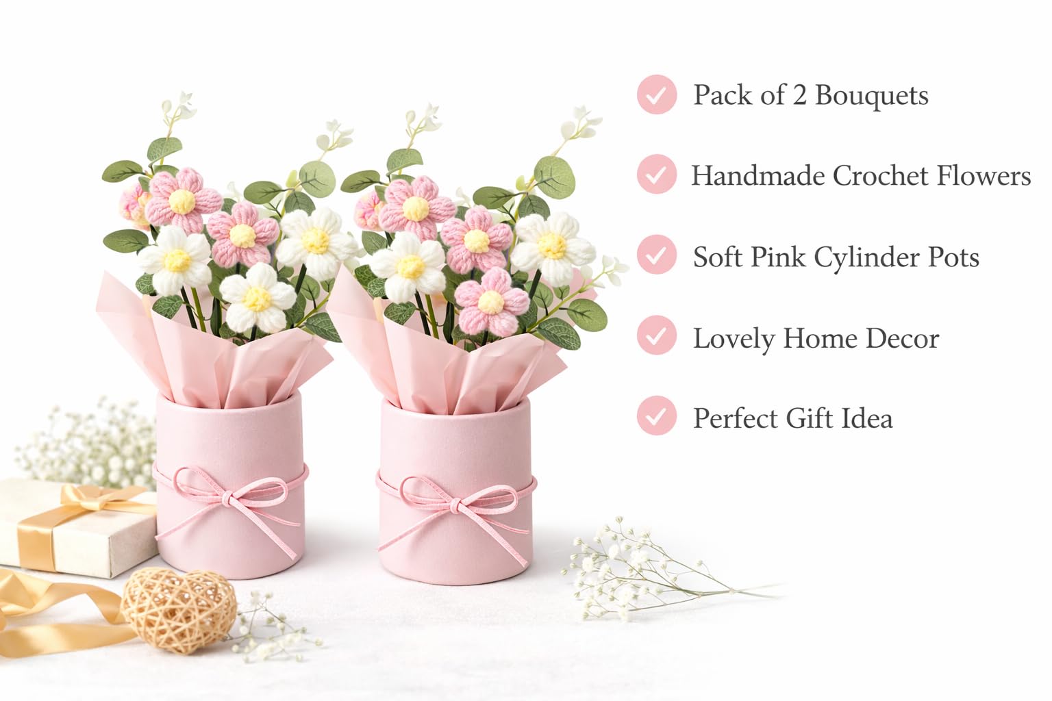 QLECT Home Decor Artificial Crochet Flower Bouquet/Artificial Flowers Bunch/Crochet Flowers Bouquet/Crochet Flowers/Flowers Bouquet Gift for Girls,Gifting,etc. (Pink Daisy Bouquet)(Pack of 2