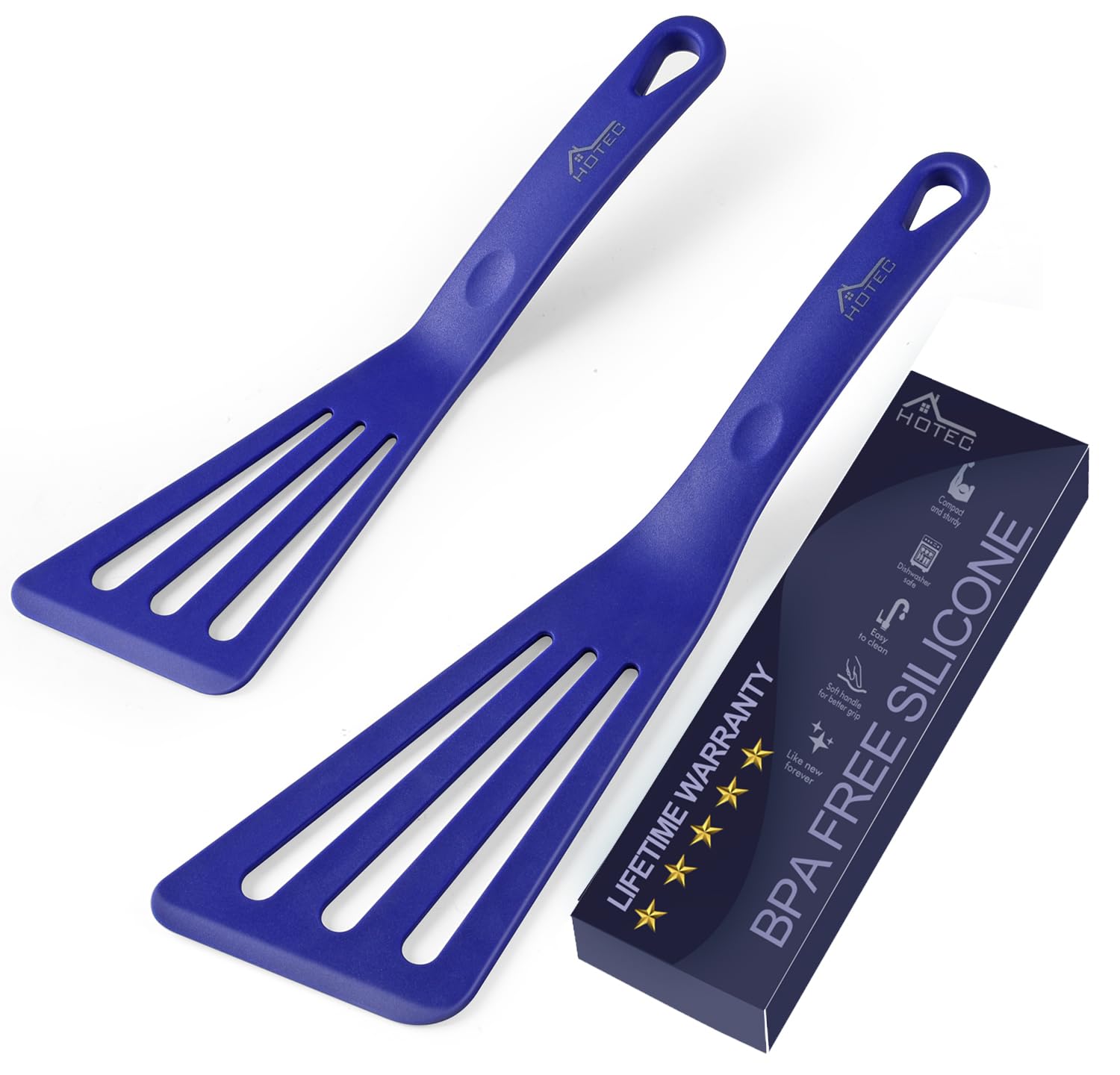 HOTEC 600℉ Heat Resistant Silicone Slotted Fish Turner Spatula Set, BPA Free Kitchen Cooking Spatulas, for Non Stick Cookware Dishwasher Safe Classic Blue, set of 2
