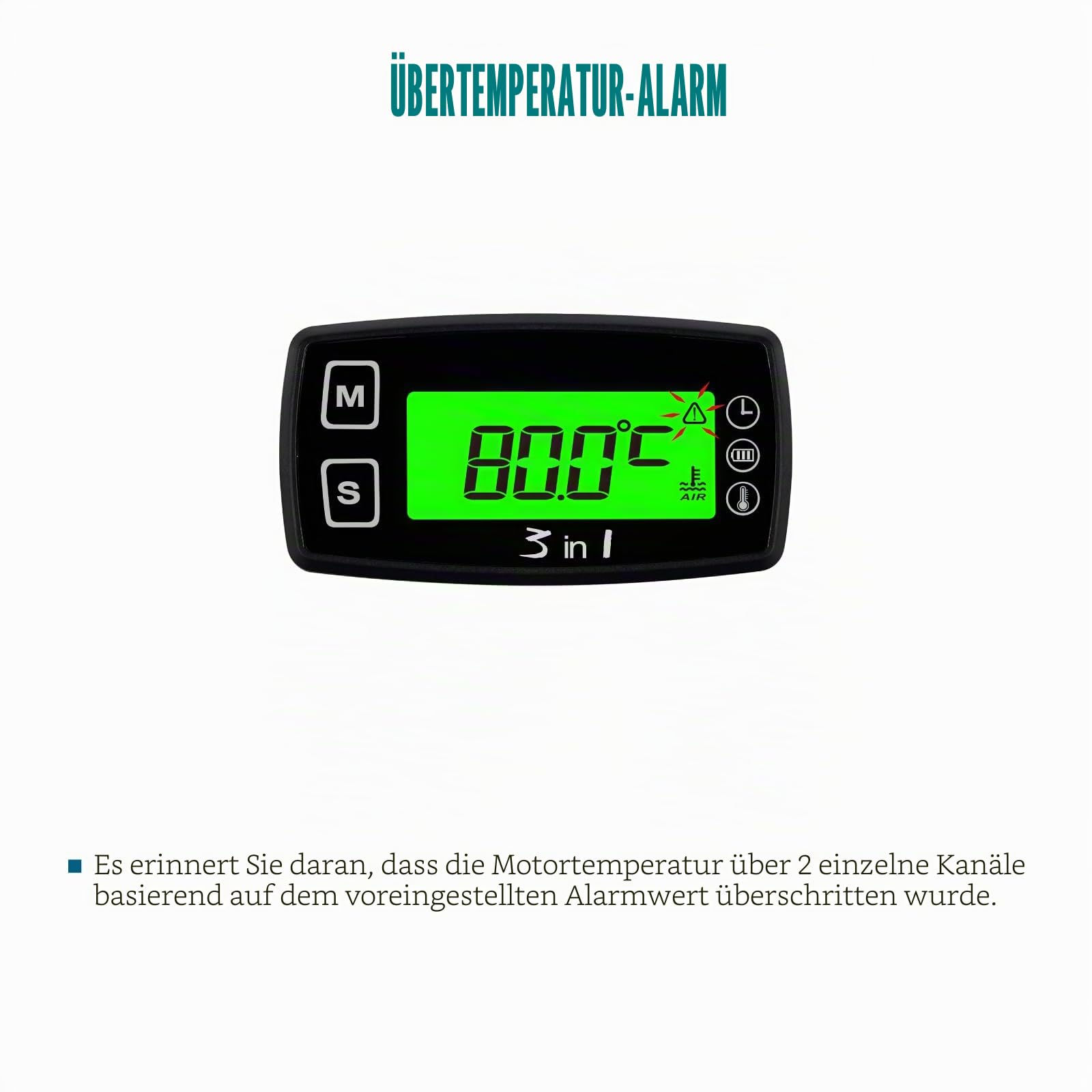 Runleader Digital LCD Motortemperaturanzeige Voltmeter, programmierbare Warnmeldung, Uhranzeige, Auswahl des Hintergrundbeleuchtungsmodus für Generator Motorrad Dirtbike ATV Außenborder Motor