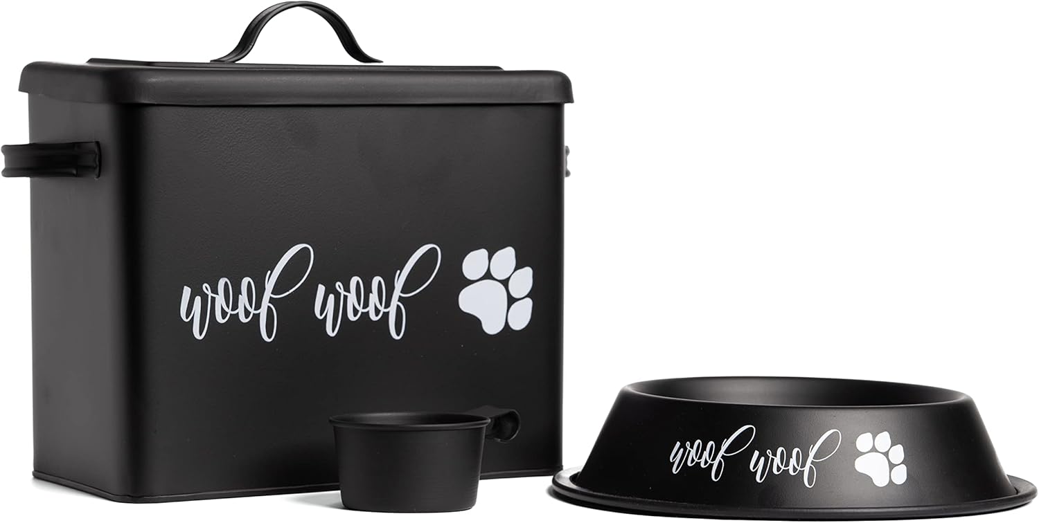 Sexy Black Woof with Paws Decal Dog Canister with Bowl and Scoop, Simple Dog Food Storage Container with Scoop and Bowl | Dog Canister Set for Storing up to 4lbs of Dog Treats/Food