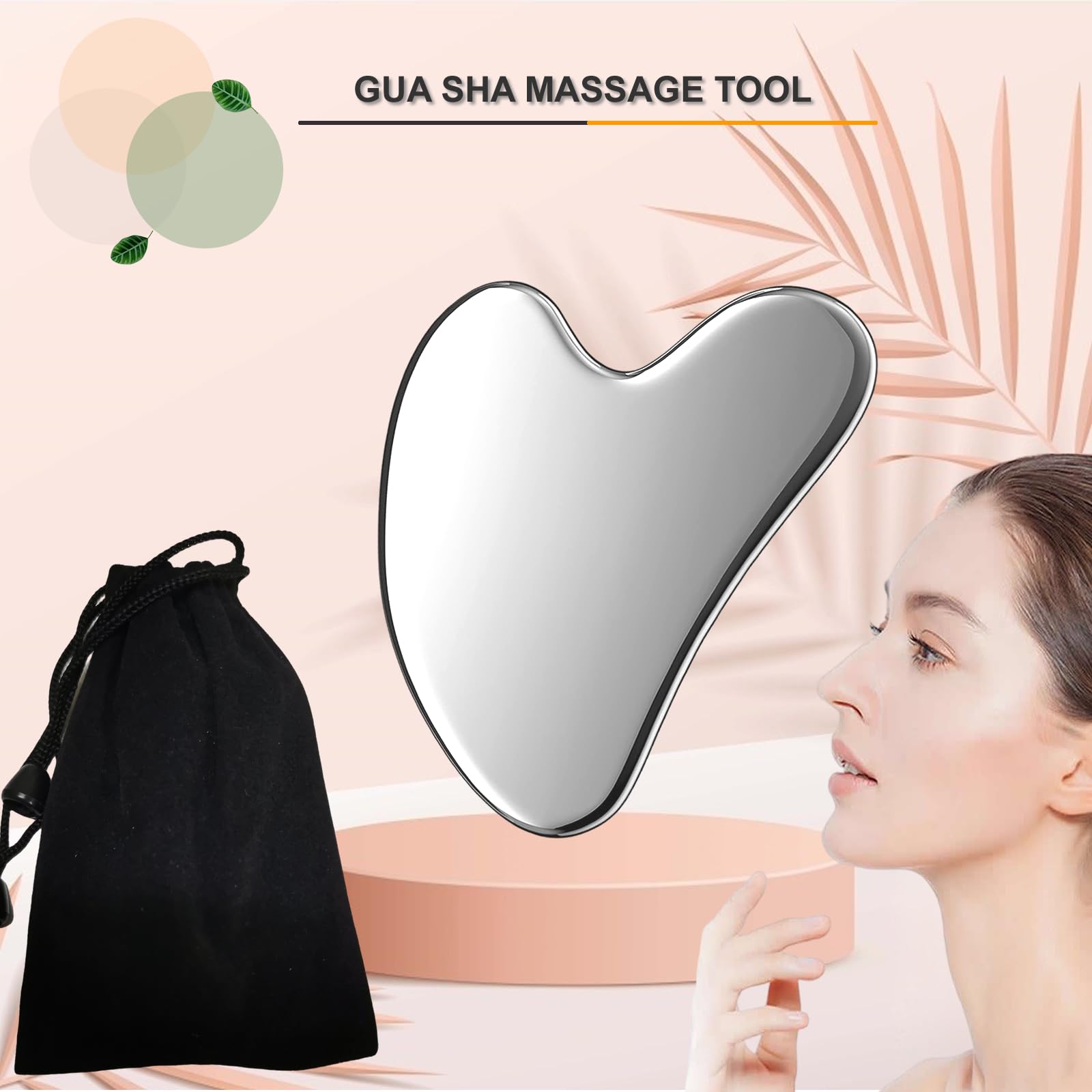 Gua Sha - Juego de herramientas faciales de acero inoxidable, rodillo facial y Gua Sha para masaje facial, cuello, ojos, cuerpo, elevación de barbilla y estiramiento de la piel (corazón