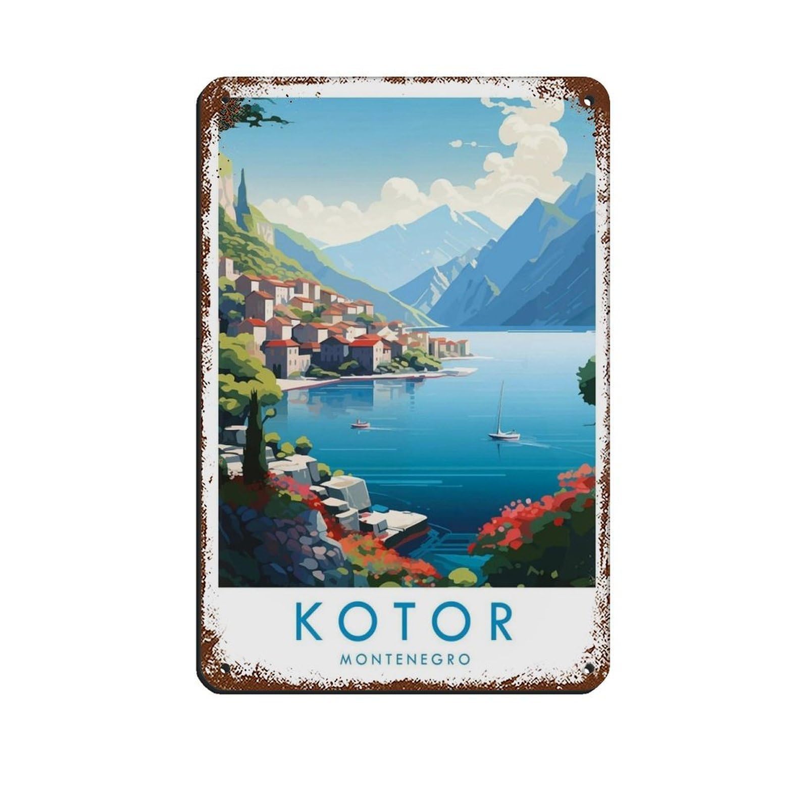 Kotor Travel Poster, Montenegro Tin Sign Vintage Metal Pub Club Cafe Bar Home Wall Art Decoration Poster Retro 8x12inch(20x30cm)