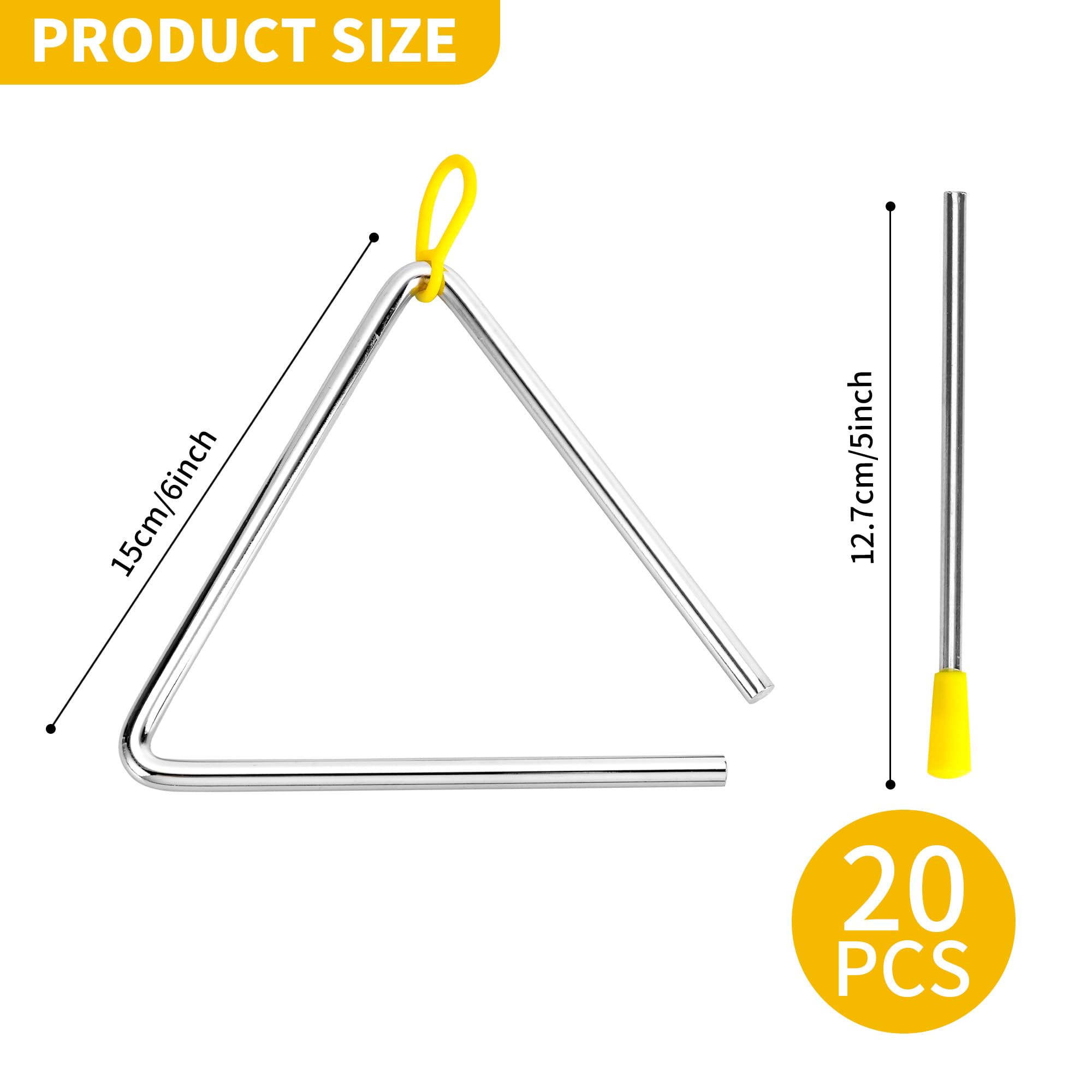 20 instrumentos triangulares con golpeador, instrumento de percusión triangular de acero de 6 pulgadas, instrumento triangular musical de mano para adultos