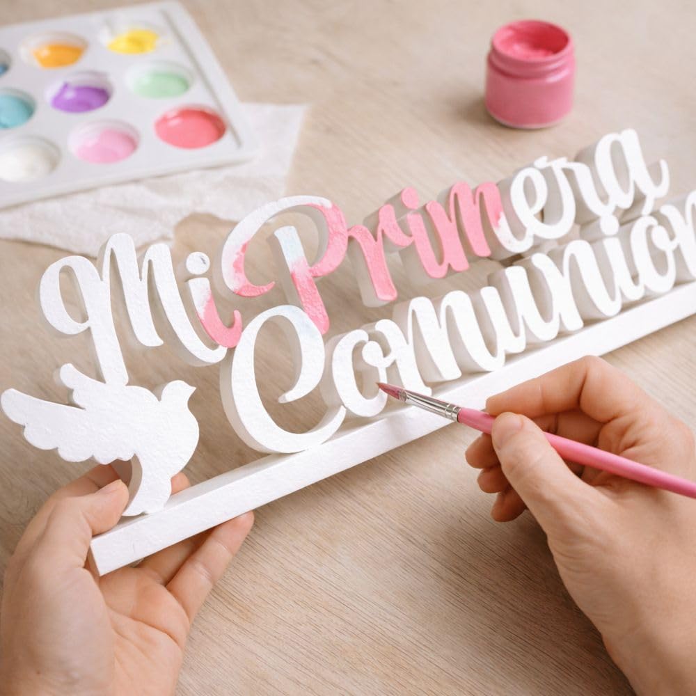 Letrero " Mi Primera Comunion " en poliestireno para Decoración en Mesa Dulce o Candy Bar, photocalls. (Letrero_Paloma, 5cm)