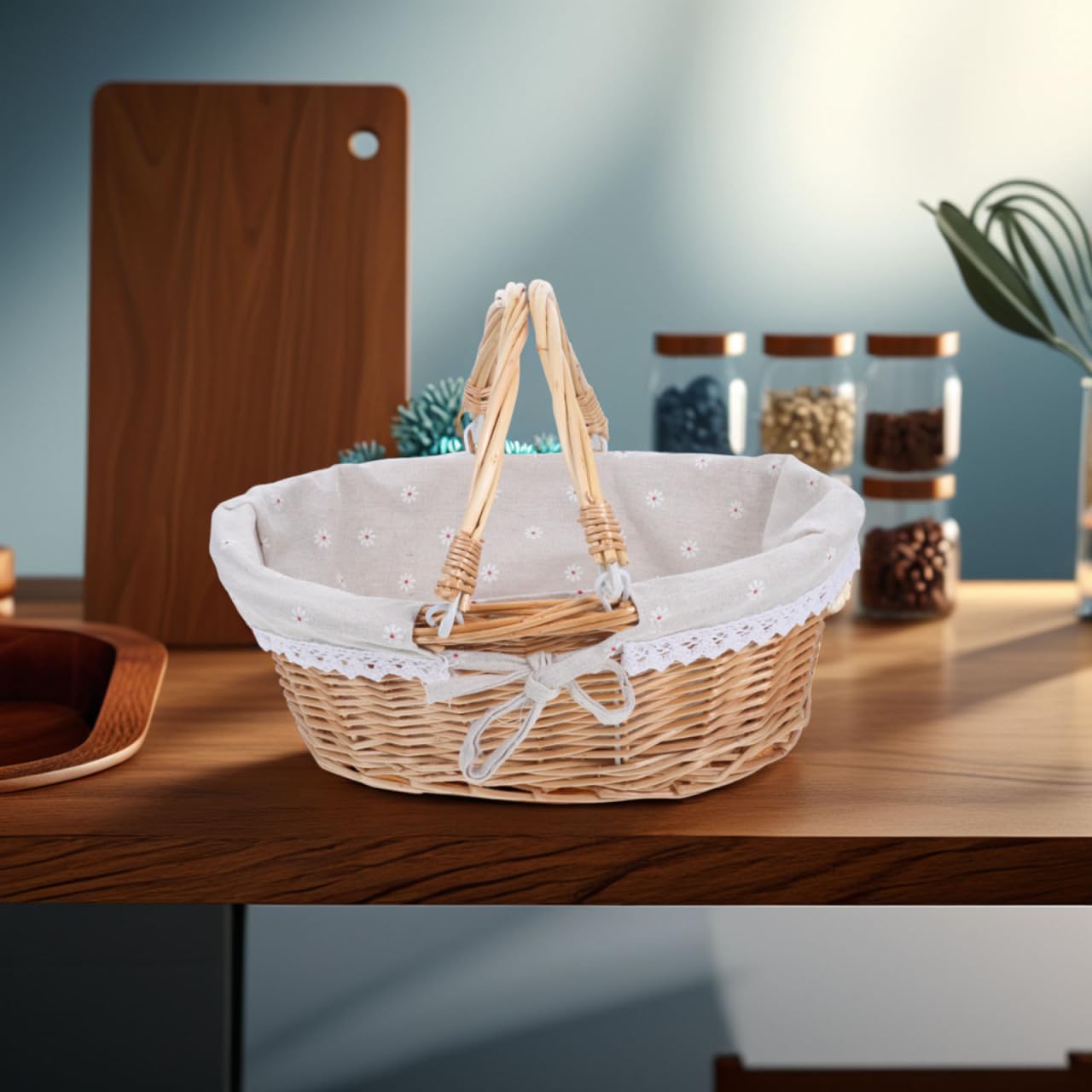 Healifty Picknickkorb Aus Rattan Mit Doppelten Klappgriffen Gänseblümchen-Sackleinen-Einlage Handgewebt Mehrzweck-Ostereier-Tablett Für Lebensmittel Brot Tisch Aufbewahrungskorb Heimdeko