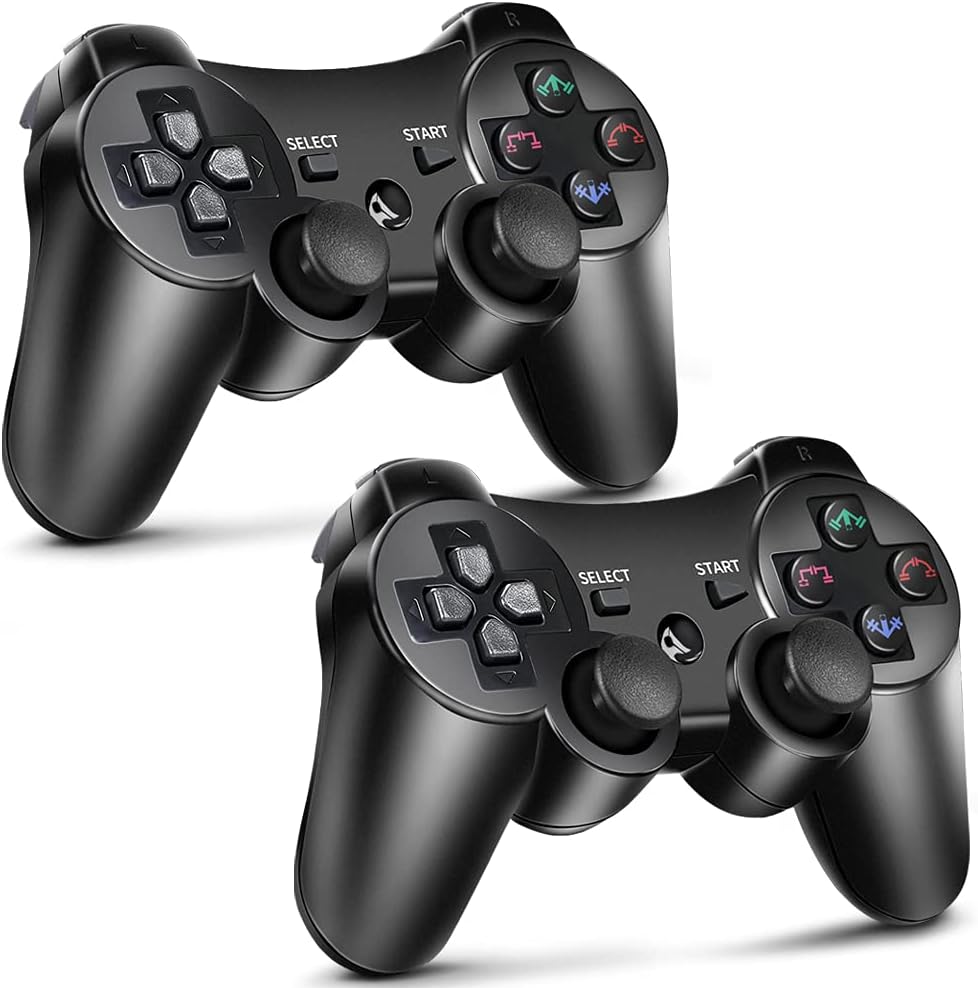 PS3 Controller 2 Pack Wireless 6-axis Dual Shock Gaming Controller for Sony PlayStation 3 with Charging Cord (PS3 Controller 2 Pack, Black)