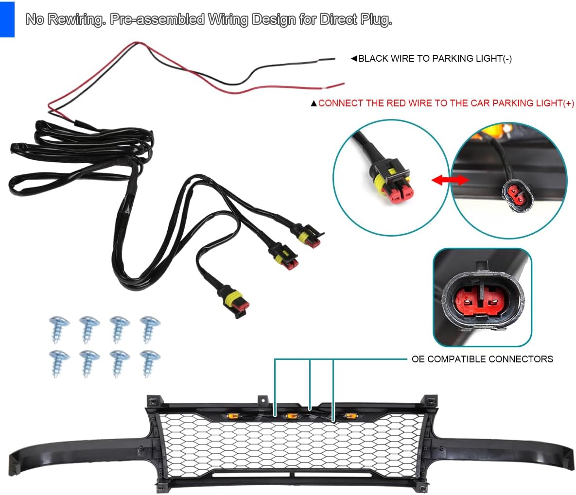 SPEC-D TUNING Matte Black Mesh Grille w/LED Lamps Compatible with 1999-2002 Chevy Silverado 1500