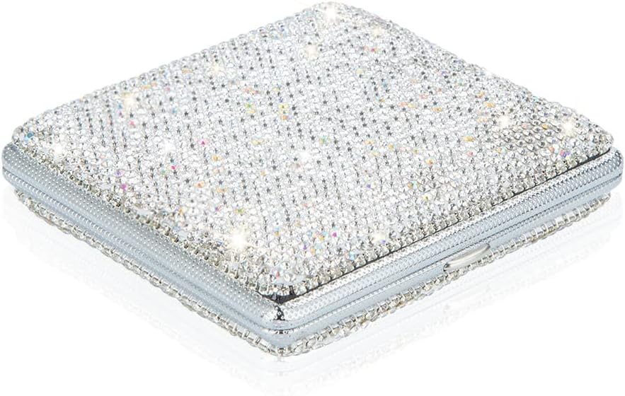 eing Metal Cigarette Case Bling Crystal Cigarette Box Double Sided Spring Clip Open Pocket Holder for 20 Cigarettes,Silver
