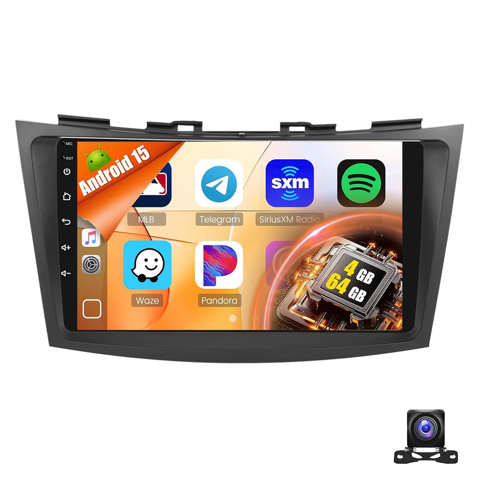 For Su-zuki Swift 4 2011-2015 Car Radio With Wireless Carplay/Android Auto,Android 15 Car Stereo 9 Inch Touch Screen GPS Navigation DSP WiFi Bluetooth FM/RDS Mirror Link SWC Backup (Size:8Core 6+128G)