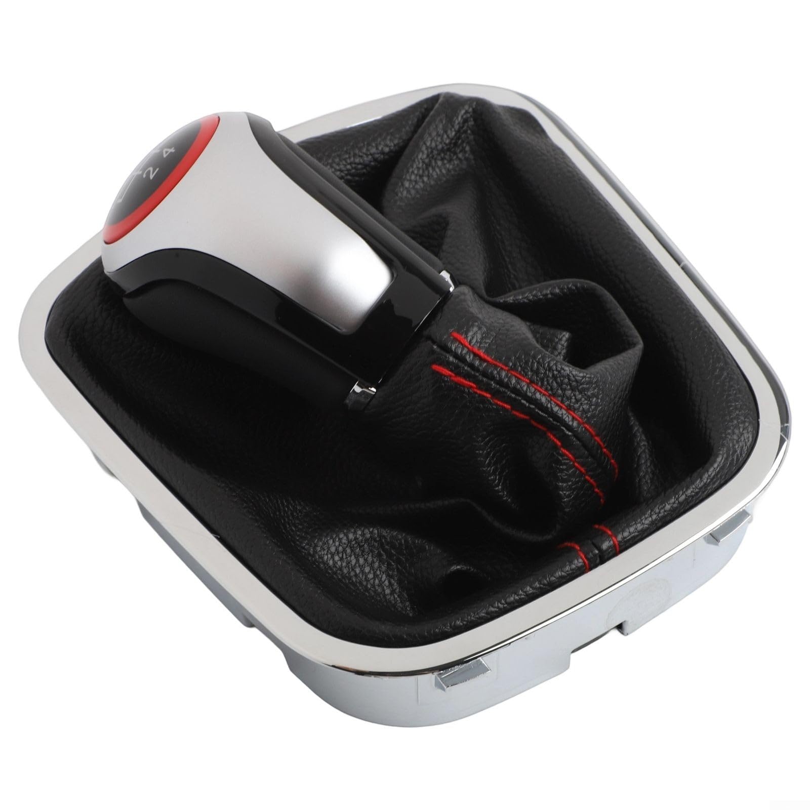Speed Manual Shift Knob and Bracket Base Assembly for Polo 6R 6C Hatchback Sedan 2011-2019, Black Leather with Red Stitching, Interior Gear Shifter Knob